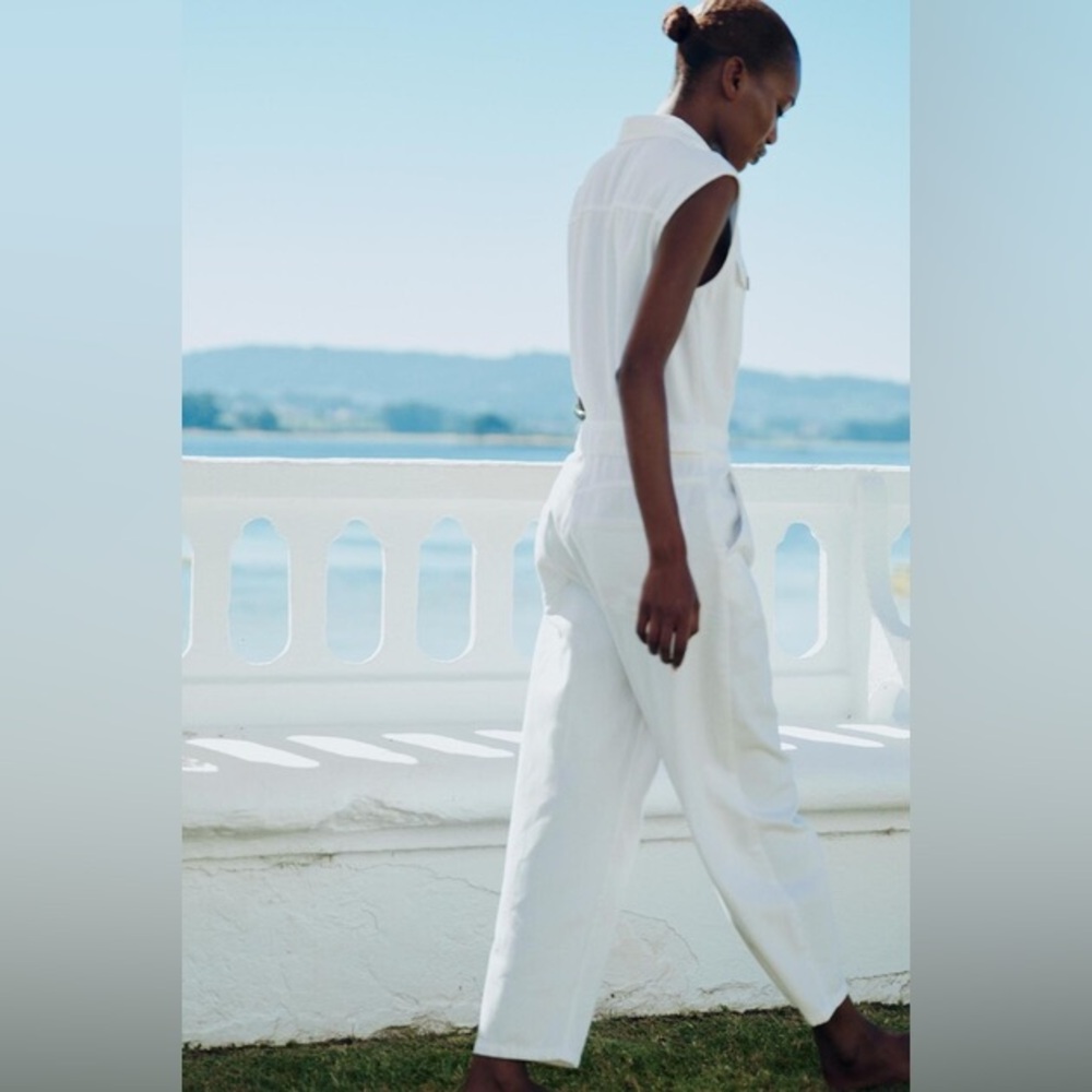 ZARA Cotton White Sleeveless Barrel Let Utility Jumpsuit • XL NWT - Picture 5 of 11
